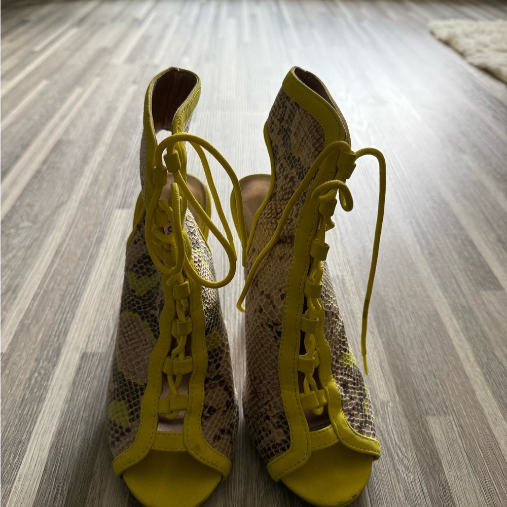 Charlotte Russe Yellow Snakeskin Lace-Up Heels